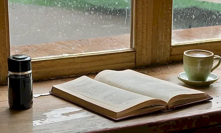 Una vieja mesa desgastada ilumina un espacio tranquilo donde se encuentra un libro abierto con notas a mano y una taza de café recién usada