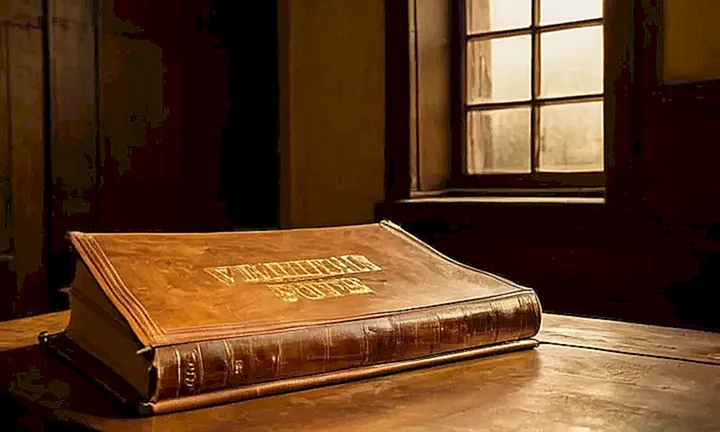Una antigua biblia con textos en oro está abierta sobre una mesa de madera desgastada, iluminado por un rayo de sol que entra por la ventana