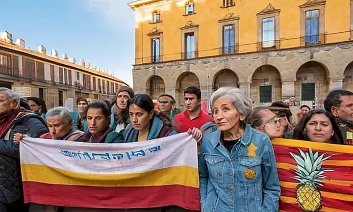 La plaza está lleno de activistas y residentes que protestan con banderas y carteles cerca del ayuntamiento, enmarcado por edificios antiguos y un entorno urbano decadente