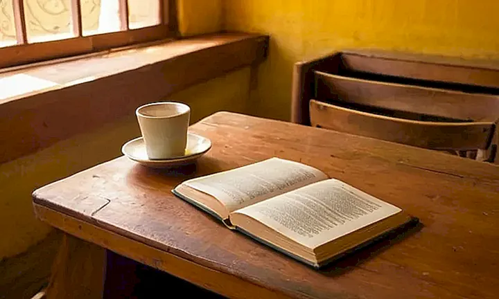 En el centro de la habitación hay una mesa antigua rodeada por libros, fotos y notas escritas a mano