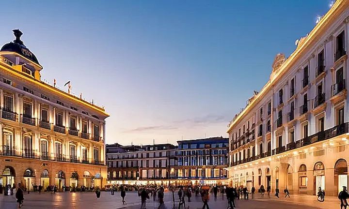 Se muestra una gran foto panorámica en blanco y negro con toma de la Plaza de la Puerta del Sol a la puesta del sol