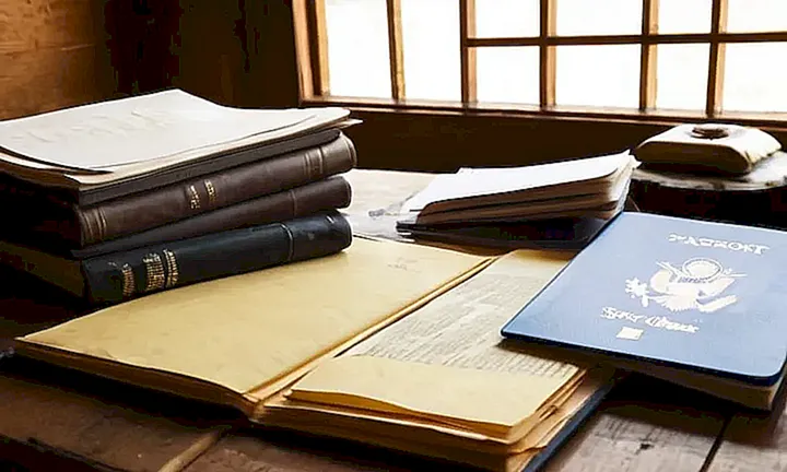 En una mesa desordenada, varios documentos, incluyendo un pasaporte y un papel de documento oficial, están expuestos en un carpeta de cartón desgastado