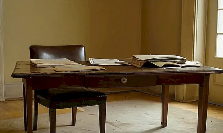 En un cuarto bien iluminado hay una mesa de madera gastada con papeles formales apilados y una silla de estar usadísima
