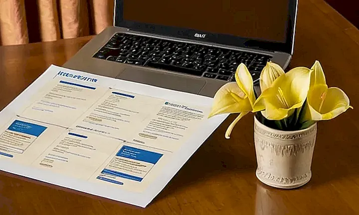 Una mesa vieja y polvorienta con un laptop abre una página de sitio web gubernamental con la palabra Ciudadanía en letra azul, mientras que una silla también dañada espera detrás
