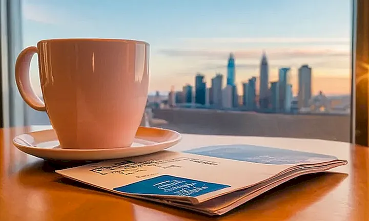 Un libro de excepciones y limitaciones cae abierto sobre una mesa desordenada con un café al lado
