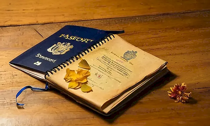 En una mesa de madera reposa un pasaporte español desgastado con notas y papeles esparcidos a su alrededor