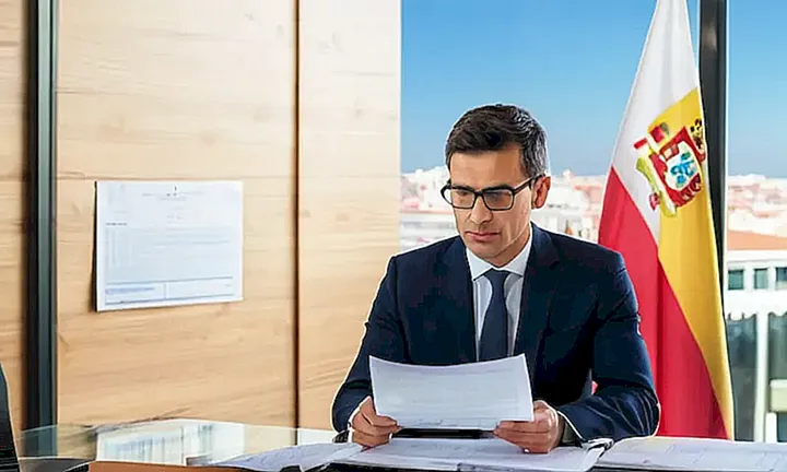 La escena muestra un joven estudiando la solicitud de ciudadanía española en una mesa de madera mientras se sienta enfrente de una pantalla mostrando un paisaje digital