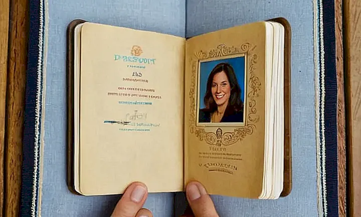 En una habitación con un escritorio desordenado se encuentra un pasaporte antiguo y un pequeño cuadro de una mujer sonriente con detalles detallados