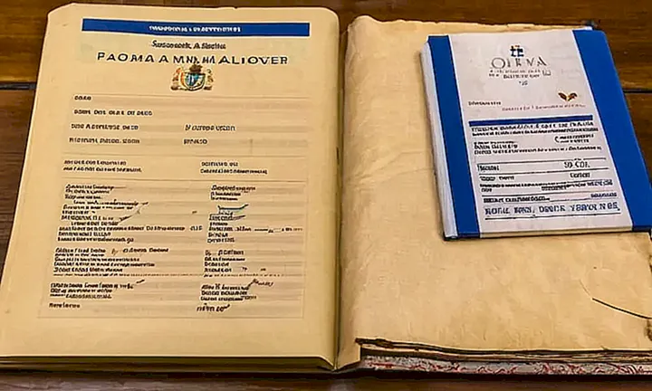 Un guía desgastado está sobre una escritura torcida con varios papeles y recibos alrededor