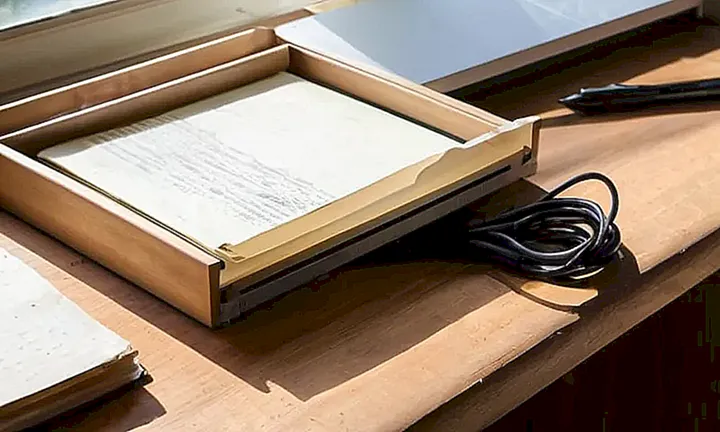 En la escritorio se encuentra un diario abierto con notas y títulos escritos en negro sobre papel que destaca su textura