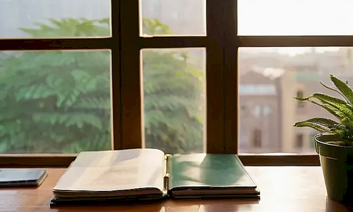 En una habitación tranquila, un escritorio viejo y un laptop están rodeados de documentos oficiales y tecnología, con vistas cálidas de Madrid en el fondo