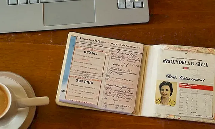 Una pasaporte español viejo y manchado reposa en una mesa desordenada mientras alguien trabaja con documentos sobre el idioma