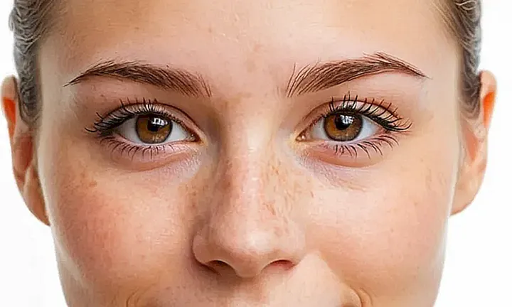 Una joven tiene su rostro en el centro de la pantalla con un delgado velo azulado, caracterizado por freckles pequeños y texturas sutiles de piel