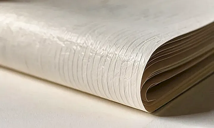 Una página amarilla y arrugada con un textura de papel fino se encuentra en una mesa blanca