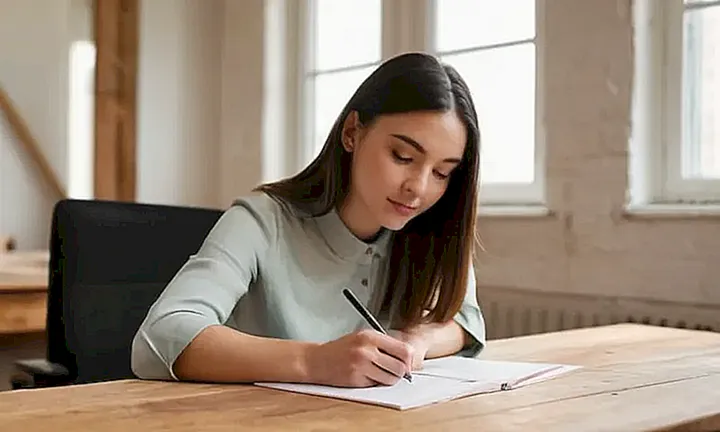 Una joven adulta está sentada frente a un antiguo escritorio