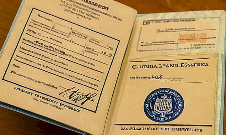 Un pasaporte desgastado yace abierto en una mesa, rodeado de documentos a su alrededor, con un LED en el techo que proyecta un brillo suave