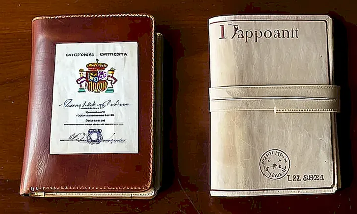 Un viejo portamonedas de cuero se encuentra desperdigado entre documentos desordenados sobre una mesa de madera oscura