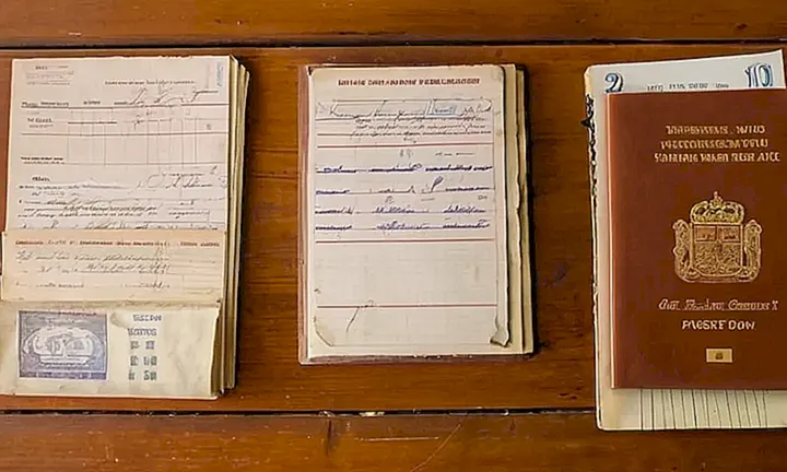 En una habitación desordenada y oscura hay un manual amarillento y manoseado sobre una mesa de madera, junto a documentos desorganizados