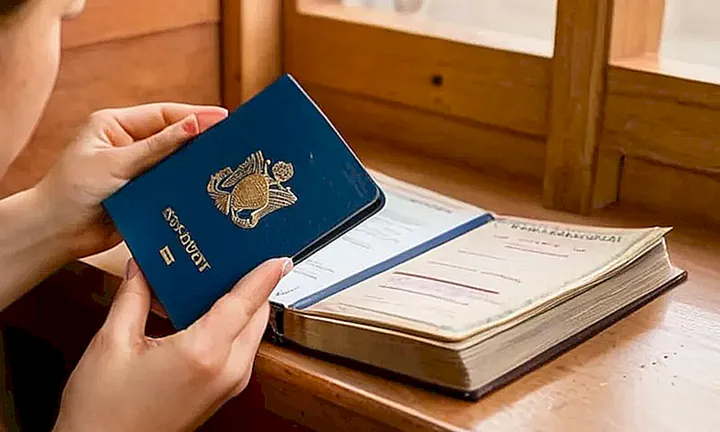 Una joven mujer revisa su pasaporte y documentos oficiales en una mesa repleta de papeles mientras estudia un libreto gubernamental con la ayuda de la luz filtrada del sol