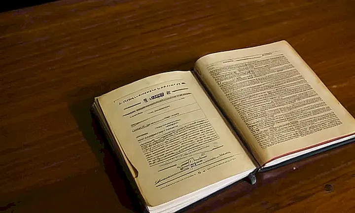 Una mesa desordenada con papeles y un libro de una agencia gubernamental en la penumbra
