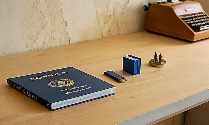 La habitación está iluminada por una luz amarilla que destaca los detalles de un escritorio vetusto con documentos y objetos dispersos sobre su superficie