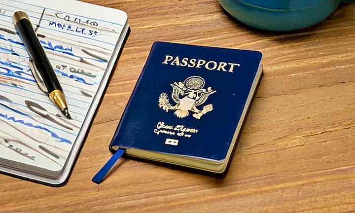 En una mesa desordenada hay un pasaporte azul desgastado con papeles y pinceles gastados alrededor, acompañado de una laptop en la que se visualiza código