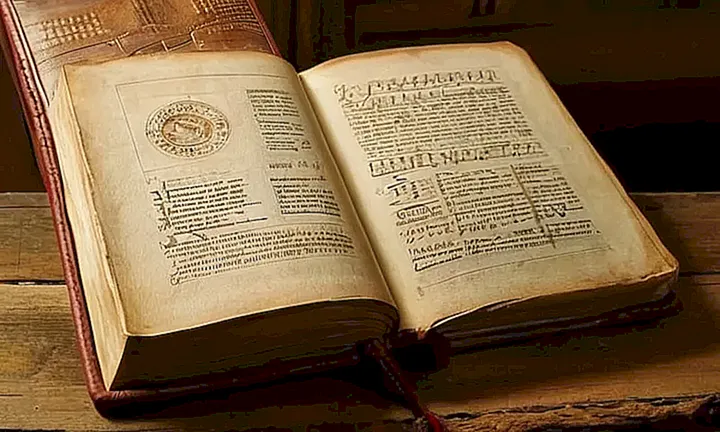 Una vieja y ostentosa ilustración del siglo XIX muestra una anticuaria librería con una página abierta de un libro de cuero desgastado