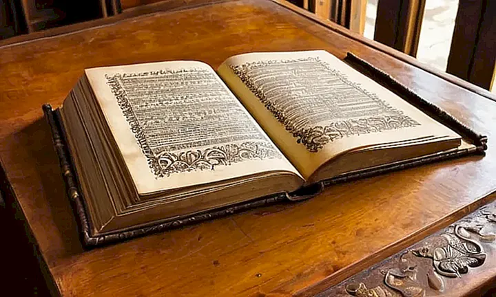 Un libro antiguo yacen abierto sobre una mesa de madera, rodeado de papeles, tinta y plumas