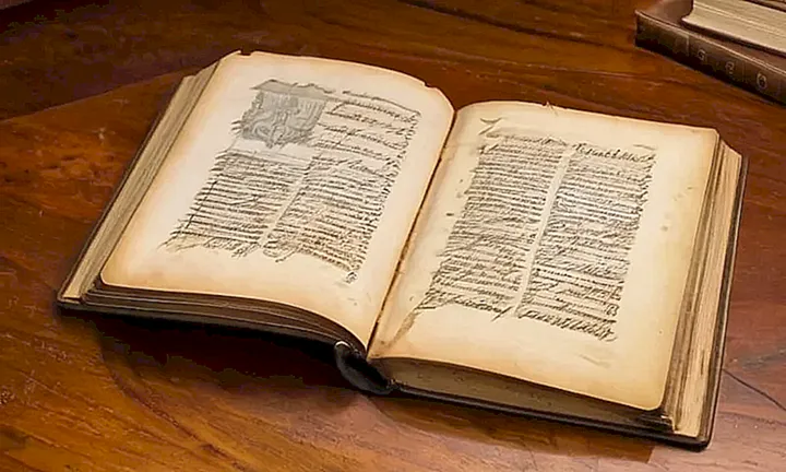 Un libro de cuero desgastado yacía abierto sobre una mesa antigua