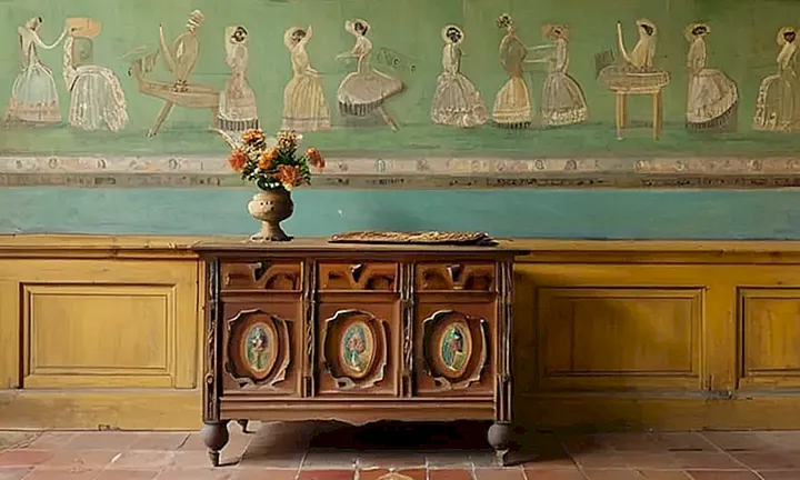 Una mujer española de la época colonial se sienta en silencio en una habitación llena de detalles antiguos, desde muebles hasta artesanías