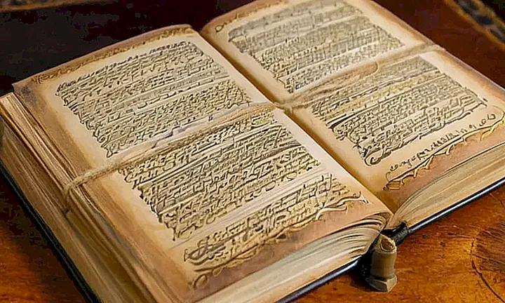Un viejo libro de cuero apoya una hoja abierta sobre un escritorio de madera antigua