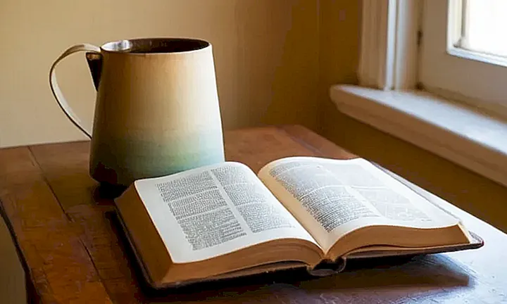 Un libro de cuero gastado está abierto sobre una mesa antigua bañada en la luz suave de una lámpara