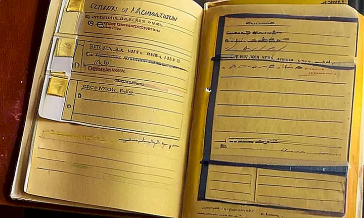 La escena describe un escritorio antiguo y desordenado con documentos oficiales, pasaporte y herramientas de escritura en un ambiente iluminado indirectamente