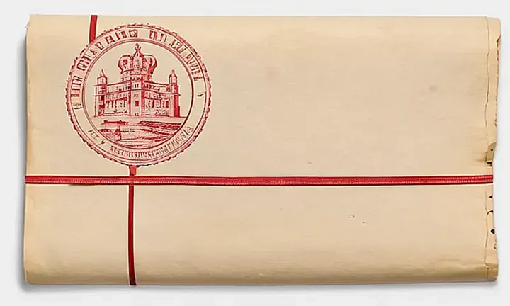 Una foto de un antiguo documento oficial amarillento, con una corona española estampada en un papel descolorido y arrugado
