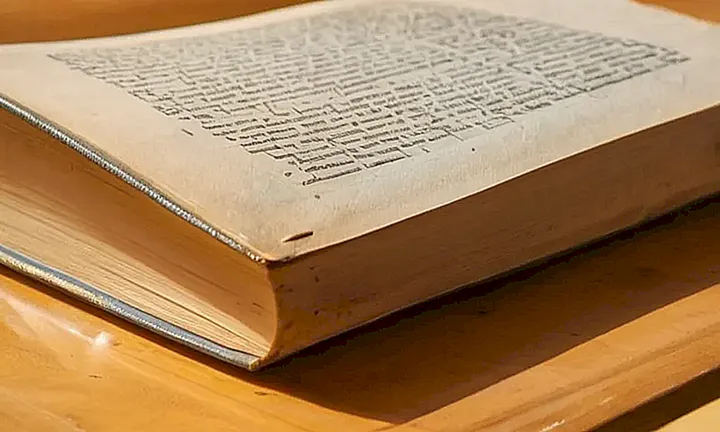 Un libro antiguo y desgastado se muestra en una mesa de madera con un ambiente tranquilo y contemplativo