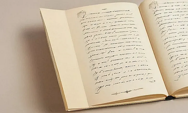 El diseño consiste en un fondo de papel antiguo con un encabezado azul desvaído que contiene texto plata y al lado una tela crema con textos negros y gráficos menores