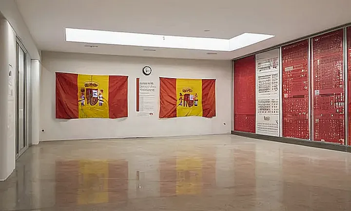 Un suelo de concreto gris descascarado se encuentra frente a una pared blanca de un hospital con la bandera española y sobre ella el título Procedimiento para solicitar la ciudadanía española en Arial