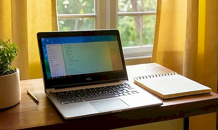 Un escritorio minimalista con una laptop y un calendario antiguo colgado en la pared, detrás de él se ven unas cortinas grises y un balcón con vegetación