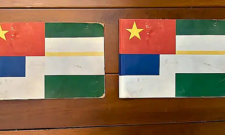 Sobre un escritorio anciano y gastado se encuentra un papel crema con un título titulado Diferencias en la ciudadanía y al lado colores de las banderas española e italiana