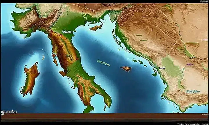 La mapa con tonos apagados muestra la Península Ibérica e Italia de manera precisa y detallada