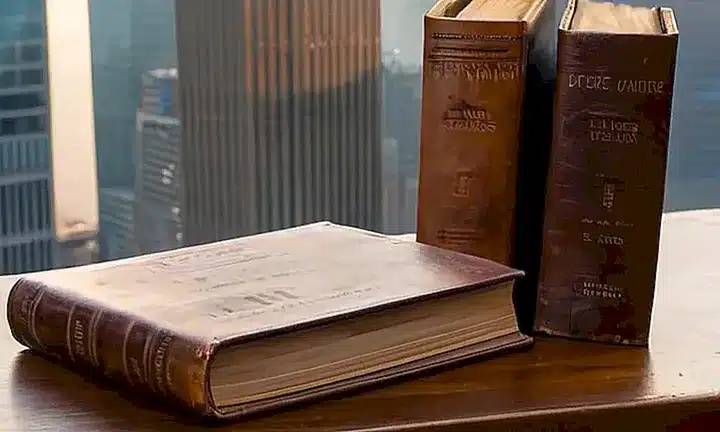 Un libro antiguo descansa sobre una mesa de madera acanalada en una habitación tranquila, rodeado de otros volúmenes y objetos personales dispersos
