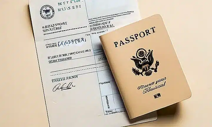 Un pasaporte desgastado está abierto sobre una mesa con sellos oficiales y etiquetas
