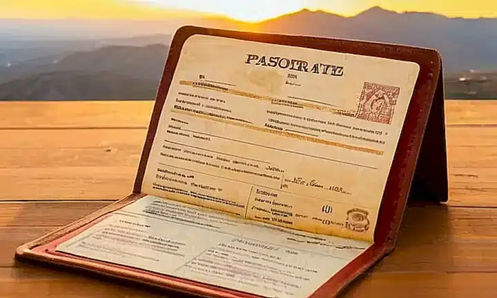 Sobre un antiguo escritorio de madera, está extendido un pasaporte desgastado que brilla débilmente al amanecer