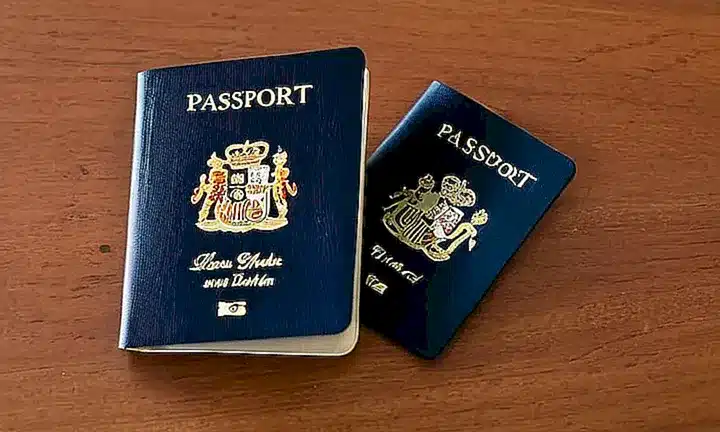 Un pasaporte desgastado se abre sobre una mesa de madera oscura mostrando un retrato oficial con rasgos bien definidos