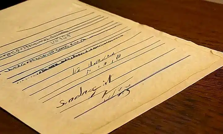 Un archivador de cartulina marrón con papeles desordenados y documentos dentro se refleja débilmente en la superficie oscura del escritorio