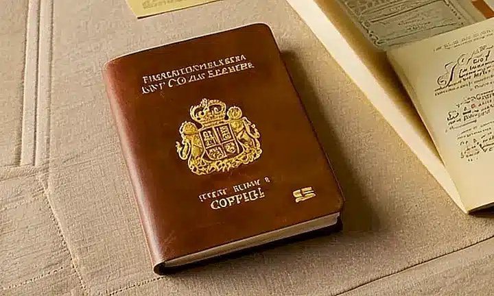 Un libro de cuero desgastado de color marrón reposa en una superficie blanca apelmazada rodeado de documentos sueltos y una cámara digital pequeña