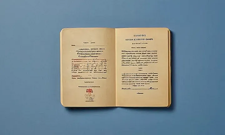 Un fondo de papel viejo y rayado, con un título gris desgastado y un título azul oscuro, rodean una fotografía detallada de un pasaporte español