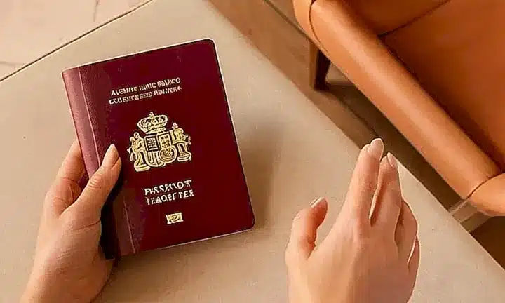 Una mujer sostiene su pasaporte español en una mano, con un fondo de un despacho cálido y acogedor