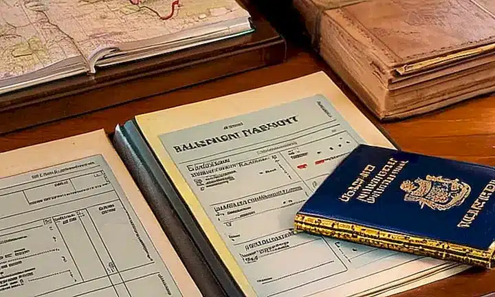 Un libro desgastado, una pasarela de viaje y documentos importantes se encuentran sobre un escritorio anticuado iluminado por el sol matutino