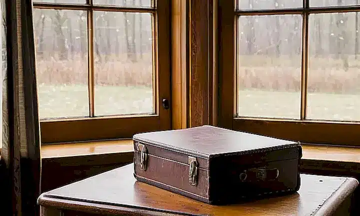 En el centro de una habitación llena de herramientas y escritorios, un libro antiguo descansa abierto sobre la mesa con luz suave filtrando en sus páginas amarillentas